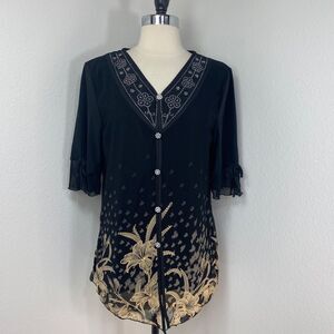 Black Knit Decorative Glam Blouse Large Rhinestones Gold Floral Button Front